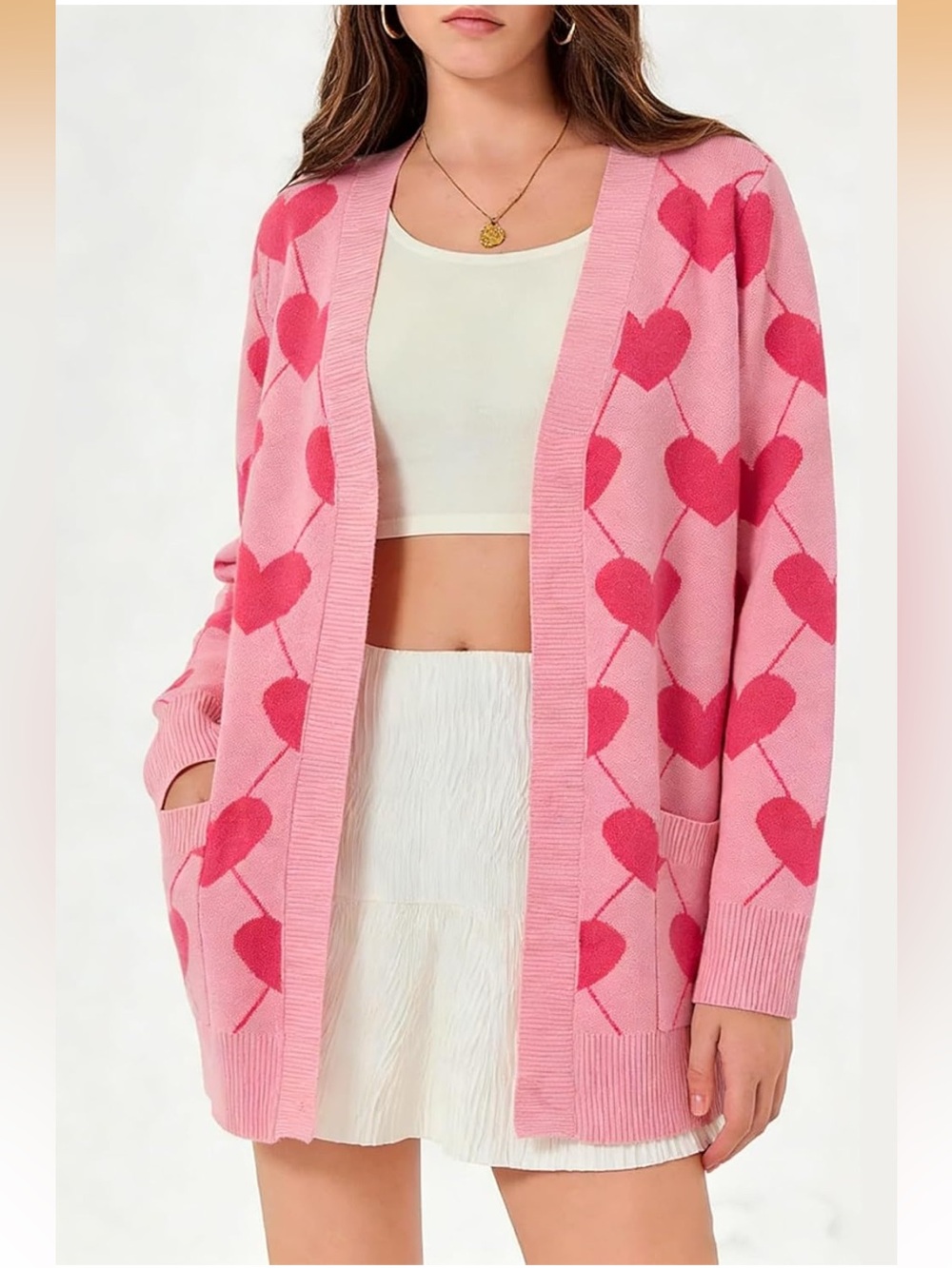 Pink Heart Pattern Open-Front Cardigan - Picture 3 of 7